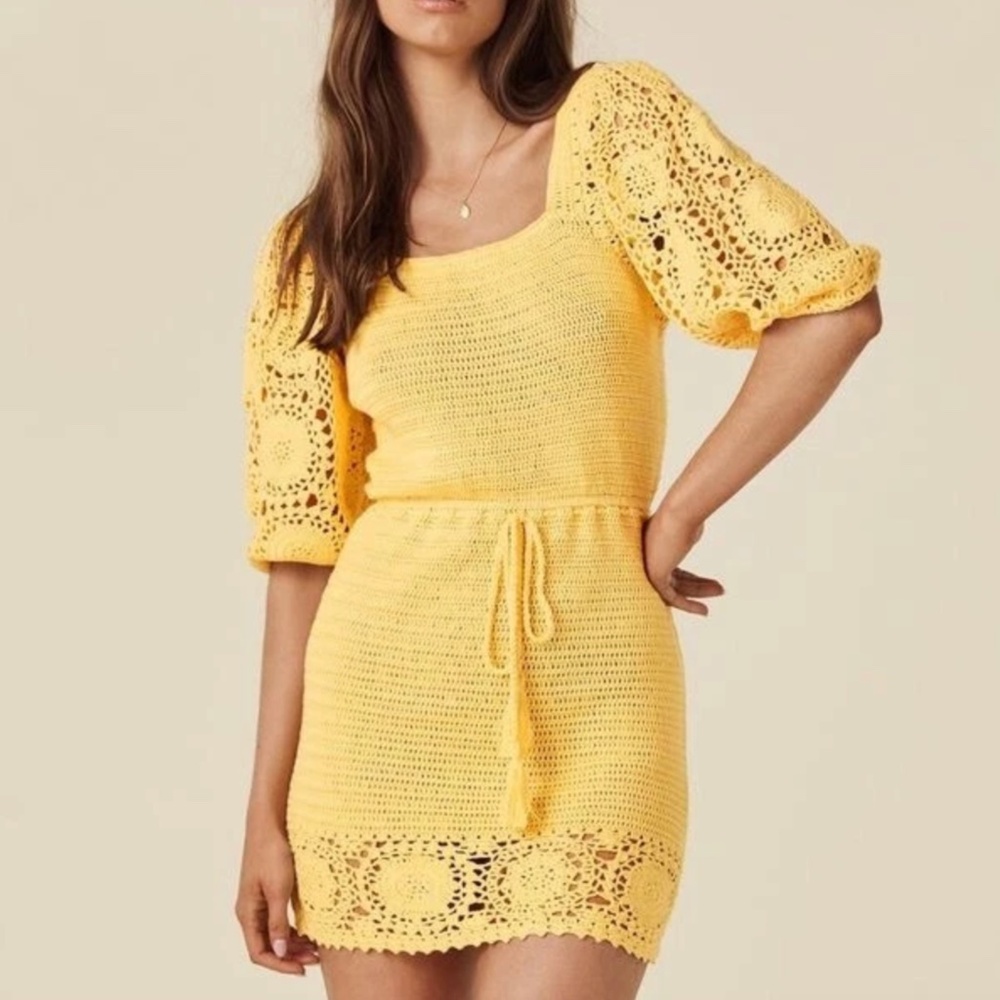 Spell & The Gypsy Let The Sunshine In Crochet Mini Dress Yellow Small